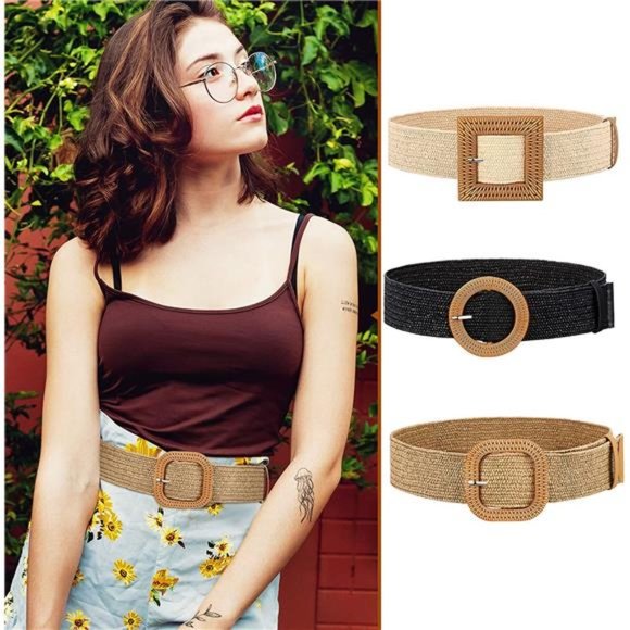 3 Pieces Straw Woven Elastic Waist Belt for Women Bohemian Dress Braided Belt main image 2